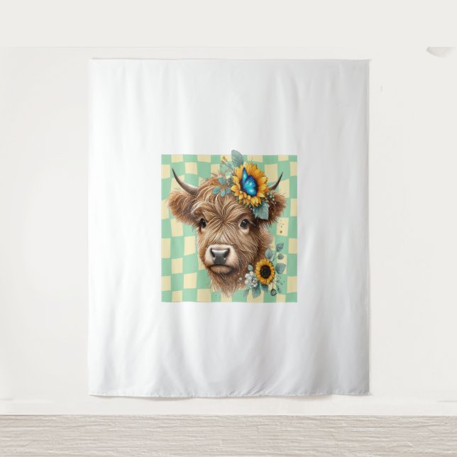 Sunflower Cow , Cute Highland Cow Tapestry (Front)