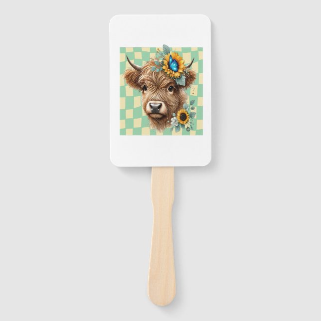 Sunflower Cow Png, Cute Highland Cow Hand Fan (Front)