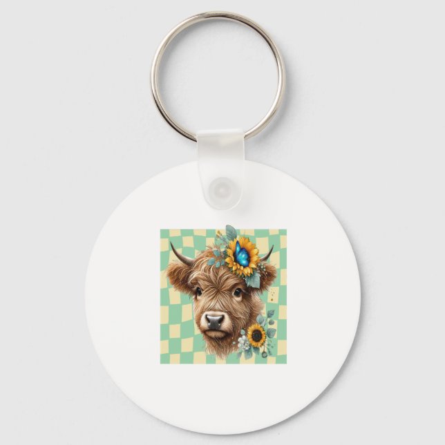Sunflower Cow Png, Cute Highland Cow Keychain (Front)