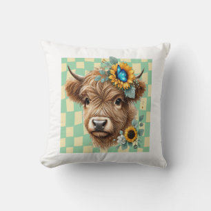 Sunflower Cow Png, Cute Highland Cow Throw Pillow