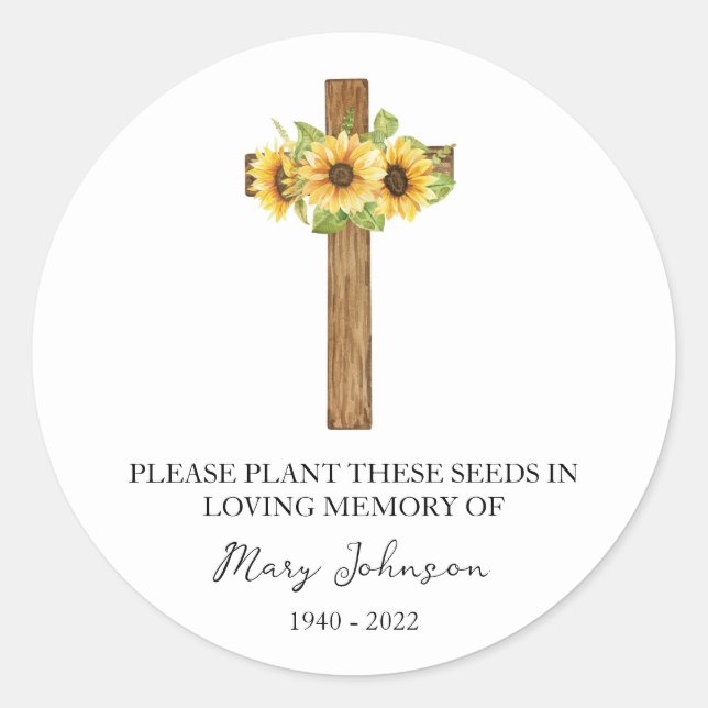 Sunflower Cross Memorial Funeral Seed Packet Classic Round Sticker (Front)