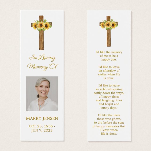 Sunflower Cross Photo Funeral Bookmark (Front & Back)