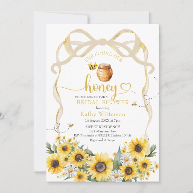 Sunflower Cute Bow Bee Bride to Bee Bridal Invitation (Front)
