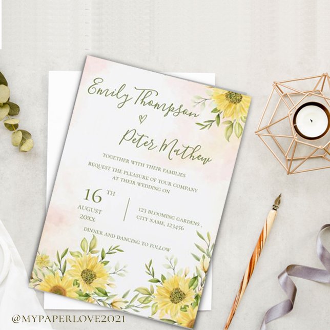 Sunflower Cute Yellow Elegant Bright Wedding Invitation (Creator Uploaded)