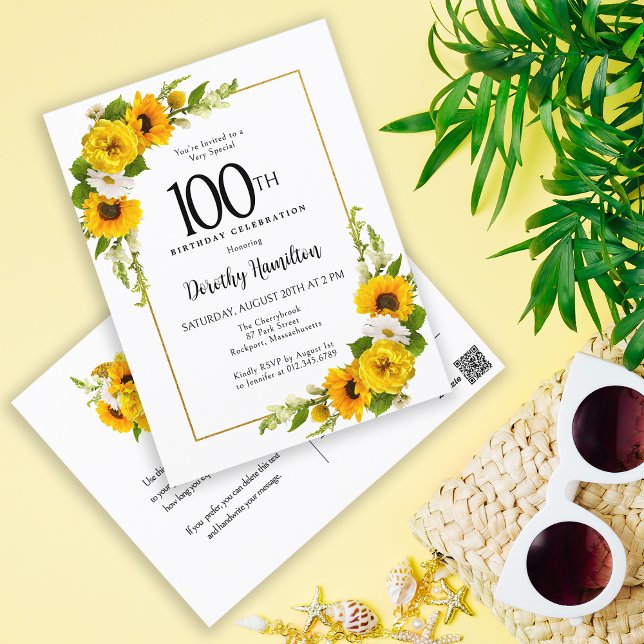 Sunflower Daisy 100th Birthday Party Invitation (Créateur téléchargé)