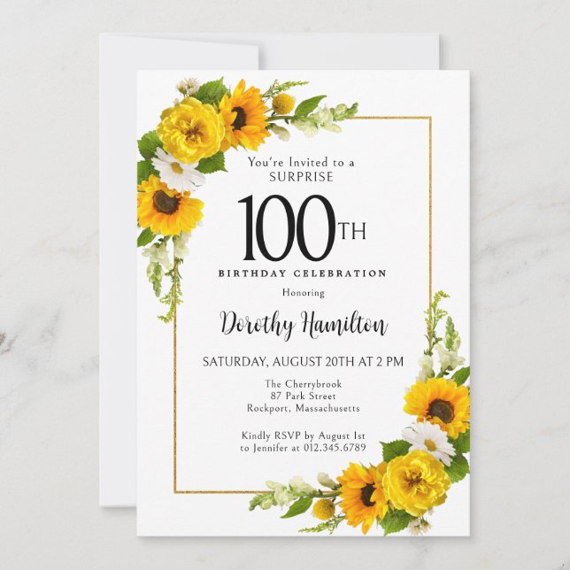 Sunflower Daisy 100th Birthday Surprise Party Invitation (Front)