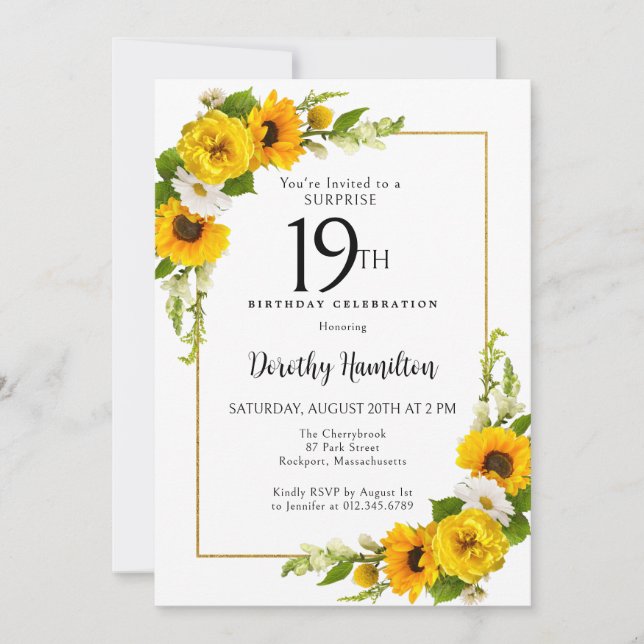 Sunflower Daisy 19th Birthday Surprise Party Invitation (Front)