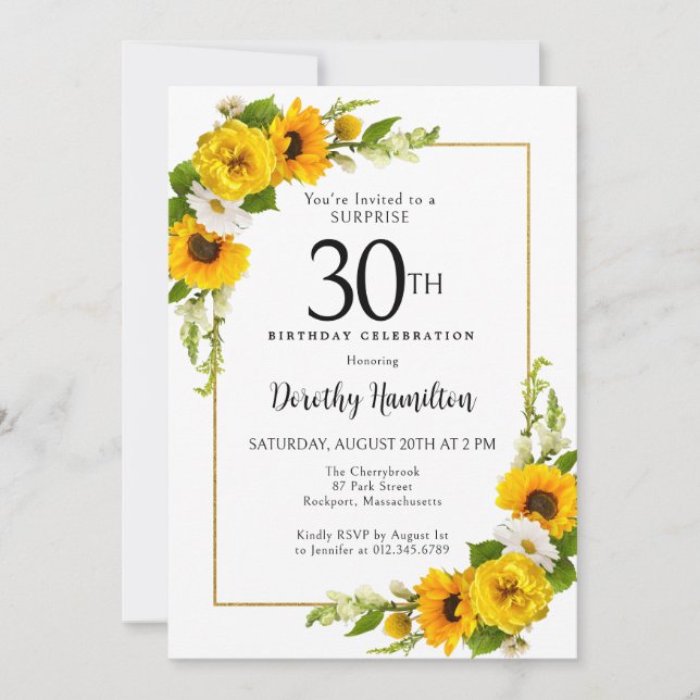 Sunflower Daisy 30th Birthday Surprise Party Invitation (Front)