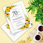 Sunflower Daisy 70th Birthday Party Invitation Postcard<br><div class="desc">Pretty yellow sunflower floral 70th birthday invitation. Yellow peonies and white daisies mingle with the sunflowers. A rectangular gold frame gives it an elegant vibe. Very easy to customize. The back has a sunflower bouquet. This is a perfect for a summer birthday celebration. This item is part of the Yellow...</div>