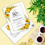 Sunflower Daisy 80th Birthday Party Invitation Postcard<br><div class="desc">Pretty yellow sunflower floral 80th birthday card. Yellow peonies and white daisies mingle with the sunflowers. A rectangular gold frame gives it an elegant vibe. Very easy to customize. The back has a sunflower bouquet. This is a perfect for a summer birthday celebration. This item is part of the Yellow...</div>