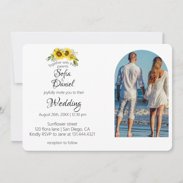 Sunflower daisy arch elegant photo invitation (Front)