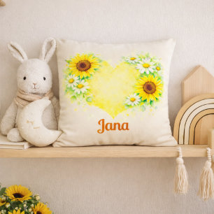 Sunflower Daisy Heart Name Nursery Art Throw Pillow