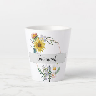 Sunflower Daisy Painted Floral Monogram Name Latte Mug