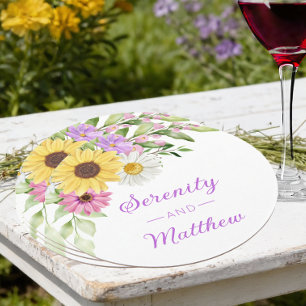 Sunflower Daisy Spring Watercolor Floral Wedding Round Paper Coaster