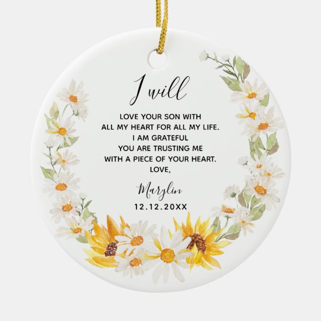 Sunflower & Daisy Wreath Mother of the Groom Ceramic Ornament (Front)