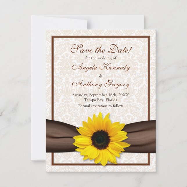 Sunflower Damask Floral Save the Date Announcement (Front)