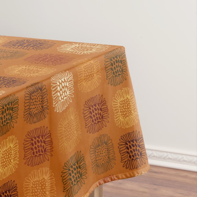 Sunflower Doodle Earthtone Hand-Drawn Pattern Tablecloth (In Situ)