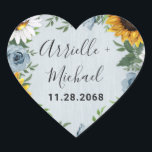 Sunflower Dusty Blue Country Rustic Roses Wedding Heart Sticker<br><div class="desc">Design features a dusty blue/grey wood grain background with a wreath made of sunflowers,  daisies,  roses in dusty blue shades,  baby's breath over various types of botanical watercolor greenery elements.</div>