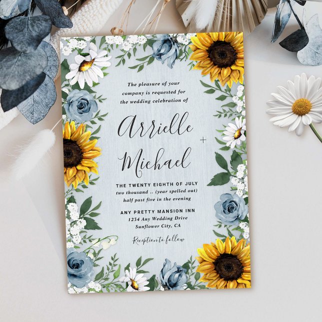 Sunflower Dusty Blue Country Rustic Roses Wedding Invitation (Creator Uploaded)