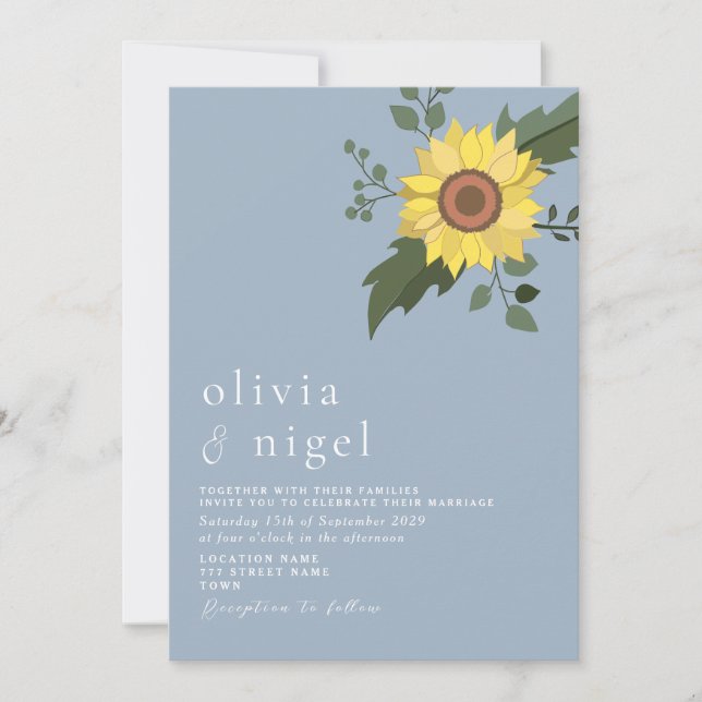 Sunflower Dusty Blue Faire-part de mariage moderne (Devant)