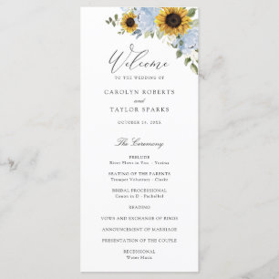 Sunflower Dusty Blue Floral Elegant Script Wedding Program
