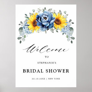 Sunflower Dusty Blue Slate Bridal Shower Welcome   Poster
