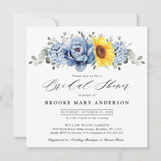 Sunflower Dusty Blue Slate Peony  Bridal Shower Invitation (Front)