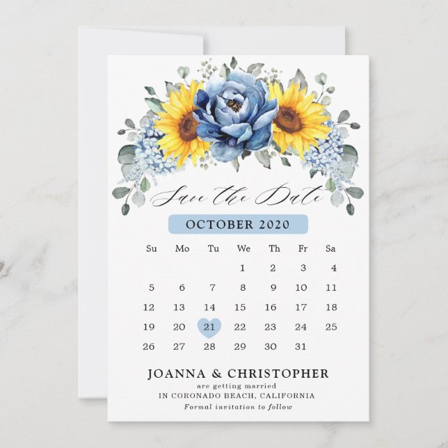 Sunflower Dusty Blue Slate Peony Floral  Calendar  Save The Date (Front)