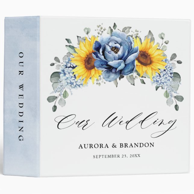 Sunflower Dusty Blue Slate Peony Floral Wedding Binder (Front/Spine)