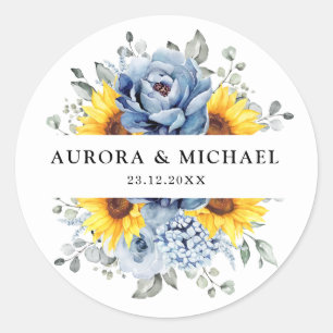 Sunflower Dusty Blue Slate Peony Floral Wedding  Classic Round Sticker