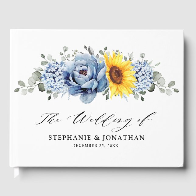 Sunflower Dusty Blue Slate Peony Floral Wedding Guest Book (Front)
