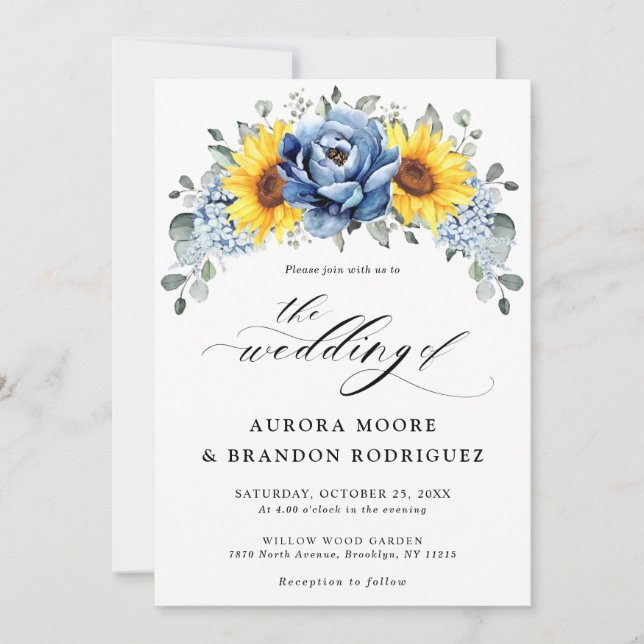Sunflower Dusty Blue Slate Peony Floral Wedding    Invitation (Front)