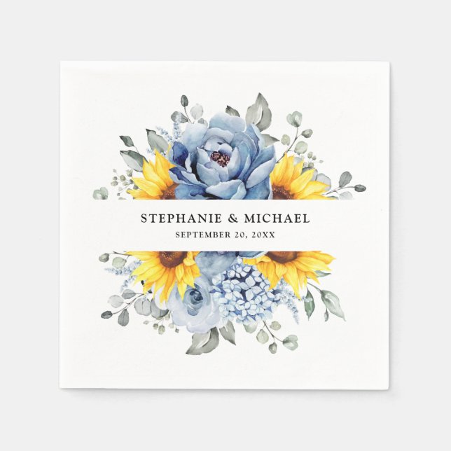 Sunflower Dusty Blue Slate Peony Floral Wedding Napkin (Front)