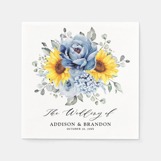 Sunflower Dusty Blue Slate Peony Floral Wedding Napkin (Front)