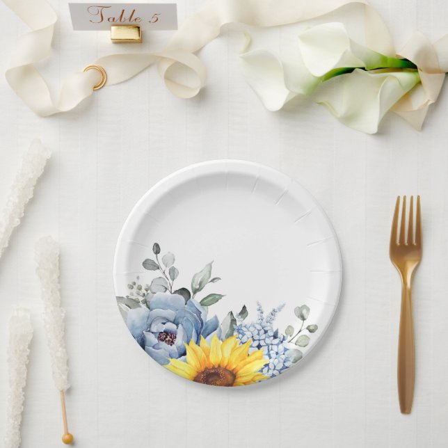 Sunflower Dusty Blue Slate Peony Floral Wedding Paper Plate (Wedding)