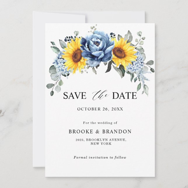 Sunflower Dusty Blue Slate Peony Floral Wedding Save The Date (Front)