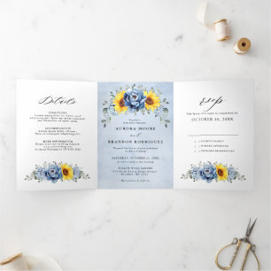 Sunflower Dusty Blue Slate Peony Floral Wedding Tr Tri-Fold Announcement