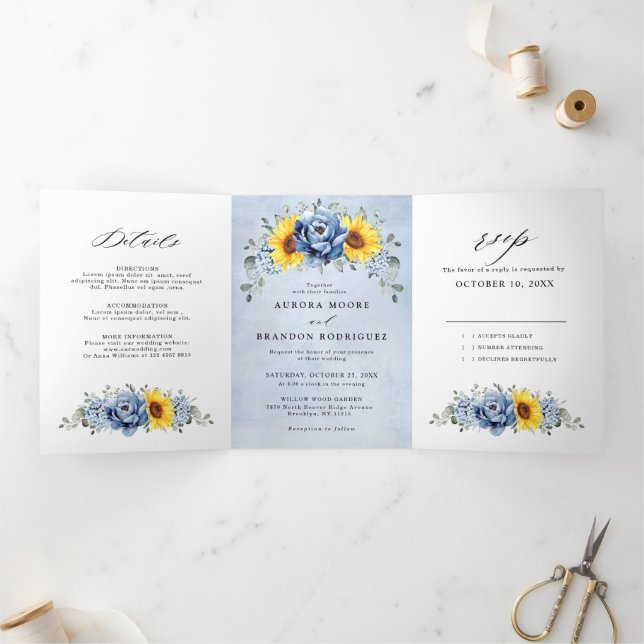 Sunflower Dusty Blue Slate Peony Floral Wedding Tr Tri-Fold Announcement (Inside)