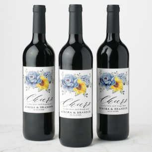 Sunflower Dusty Blue Slate Peony Floral Wedding Wine Label