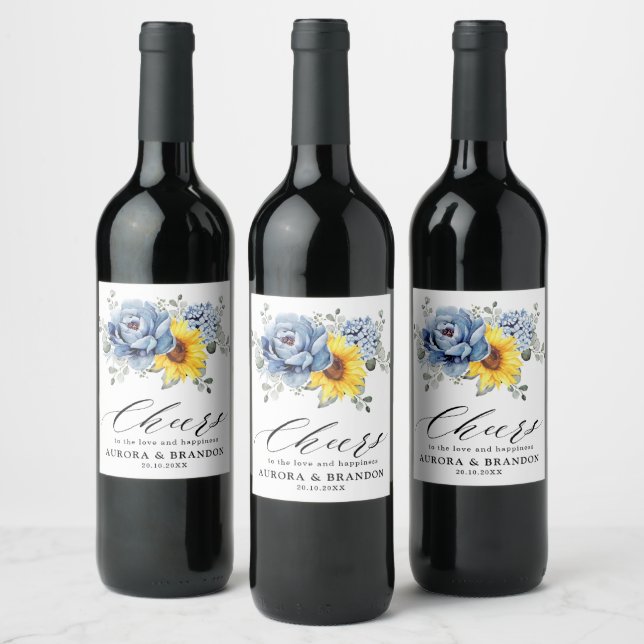 Sunflower Dusty Blue Slate Peony Floral Wedding Wine Label (Bottles)