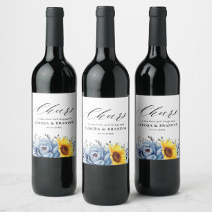 Sunflower Dusty Blue Slate Peony Floral Wedding Wine Label