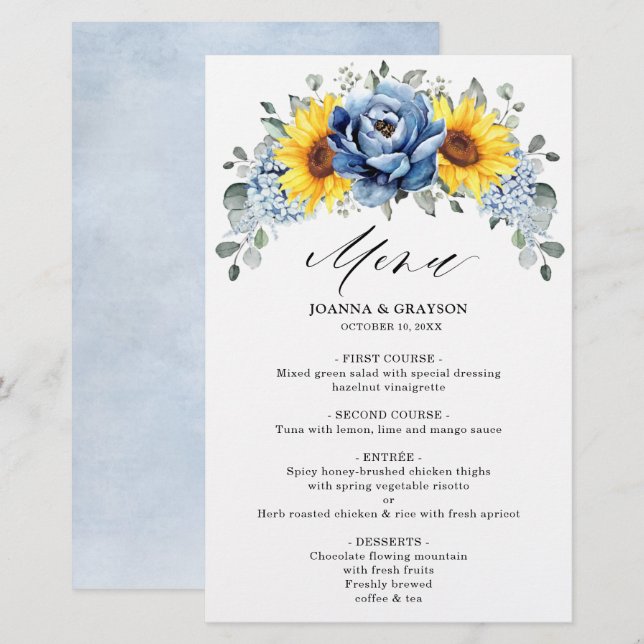 Sunflower Dusty Blue Slate Peony Menu Mariage (Devant / Derrière)