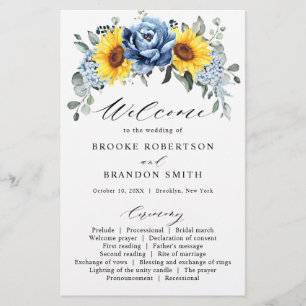 Sunflower Dusty Blue Slate Peony Wedding Program