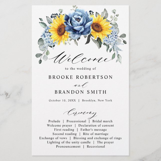 Sunflower Dusty Blue Slate Peony Wedding Program (Front)