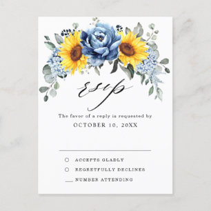 Sunflower Dusty Blue Slate Peony Wedding RSVP Postcard