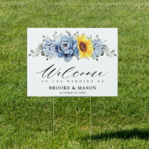 Sunflower Dusty Blue Slate Peony Wedding Welcome Garden Sign