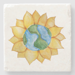 Sunflower Earth Day Art watercolor Sunflowers Stone Coaster