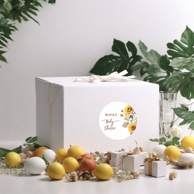 Sunflower Elegant Boho Floral Baby Shower Classic Round Sticker (Creator Uploaded)