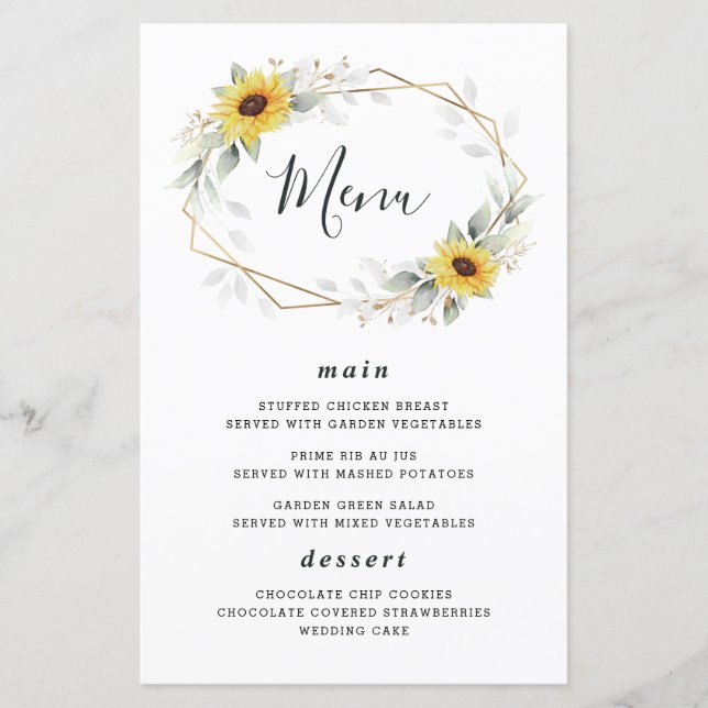 Sunflower Elegant Geometric Wedding Menu Cards (Front)