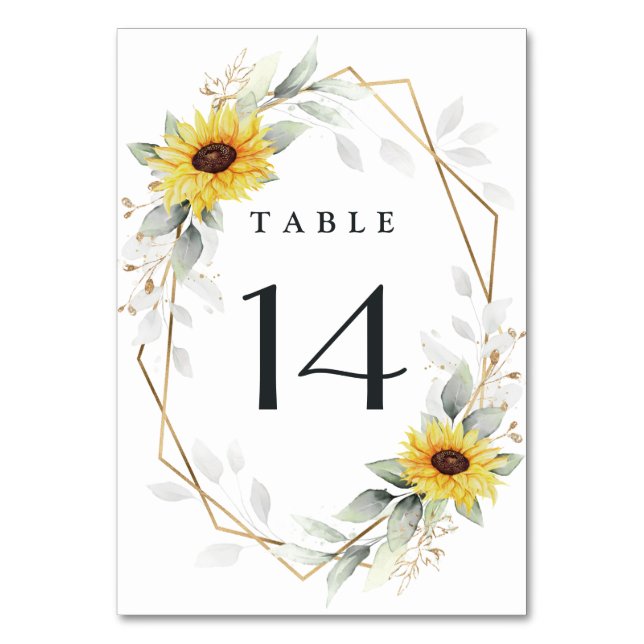 Sunflower Elegant Rustic Geometric Gold Wedding Table Number (Front)